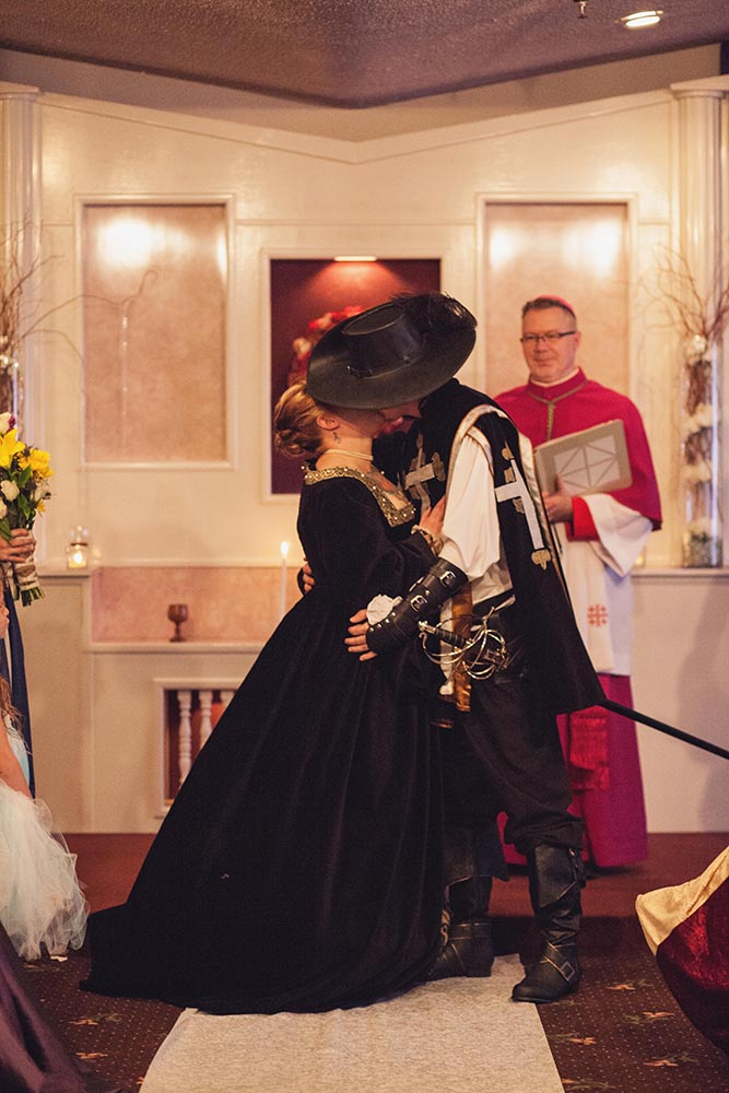 Renaissance Themed Wedding Ceremony Kiss